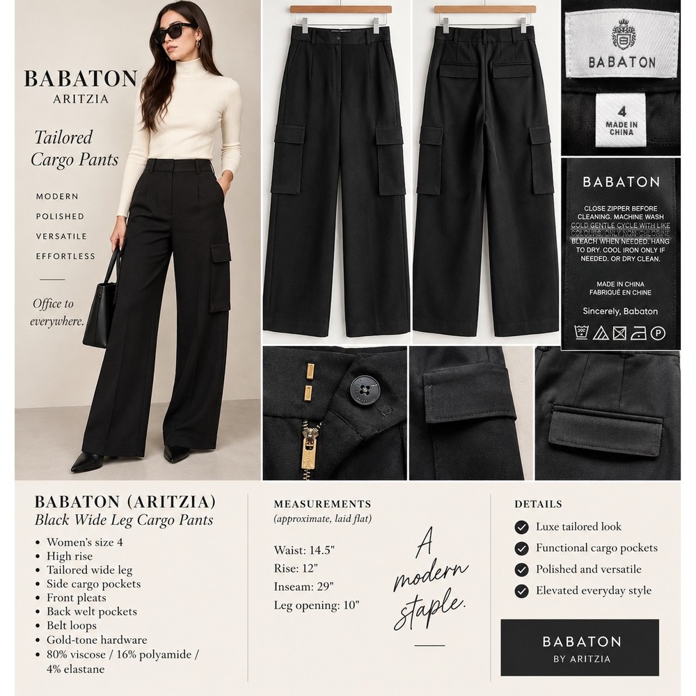 Babaton Aritzia Black Wide Leg Cargo Pants High Rise Tailored Trousers Size 4